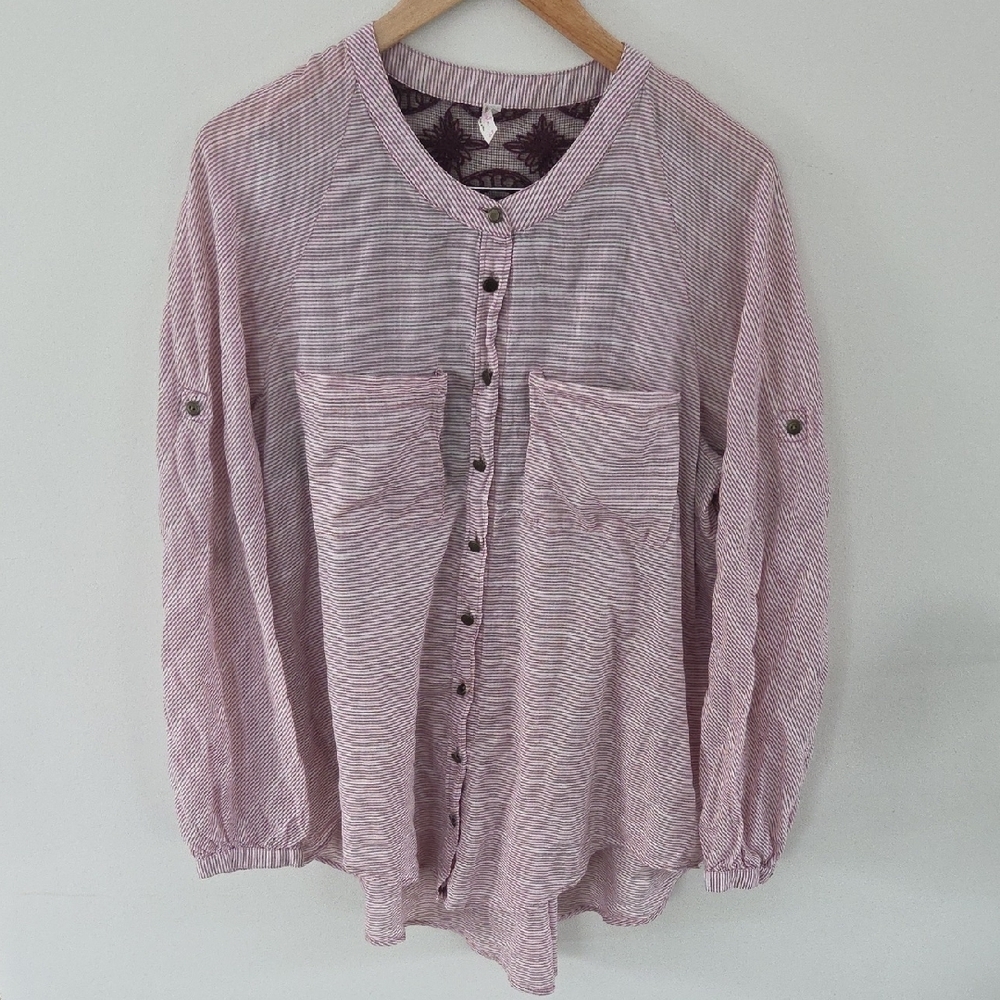 Free People Striped Lace Back Button Up Top W/ Convertible Sleeves
